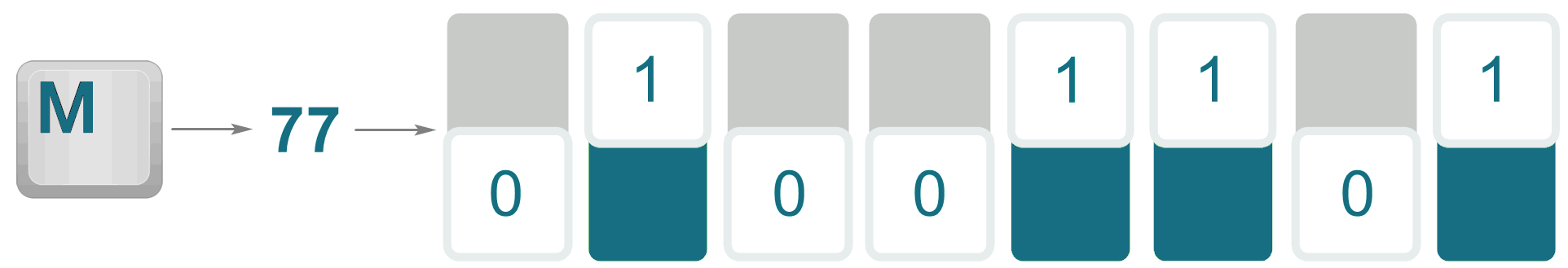 Англійська літера M зберігається у пам’яті як бінарне число 01001101